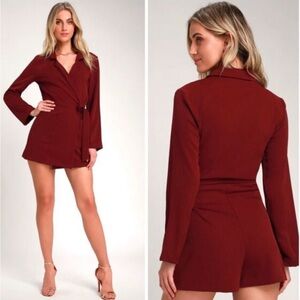 Lulus: blazer shorts romper burgundy
